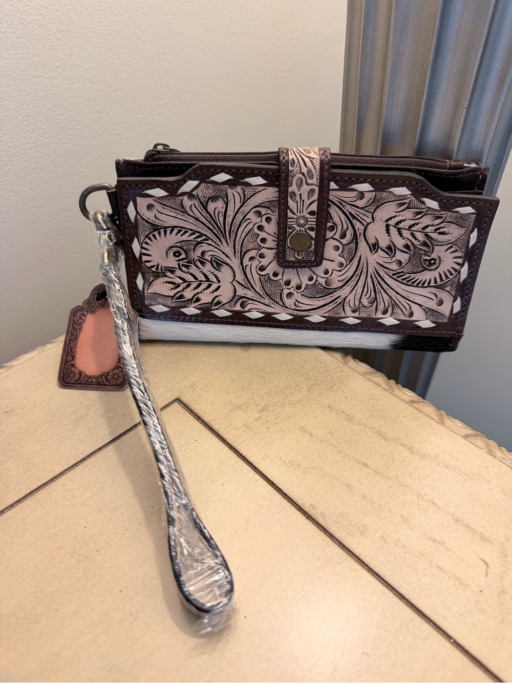 American Darling Pink and Brown Floral Tooled Wristlet Wallet